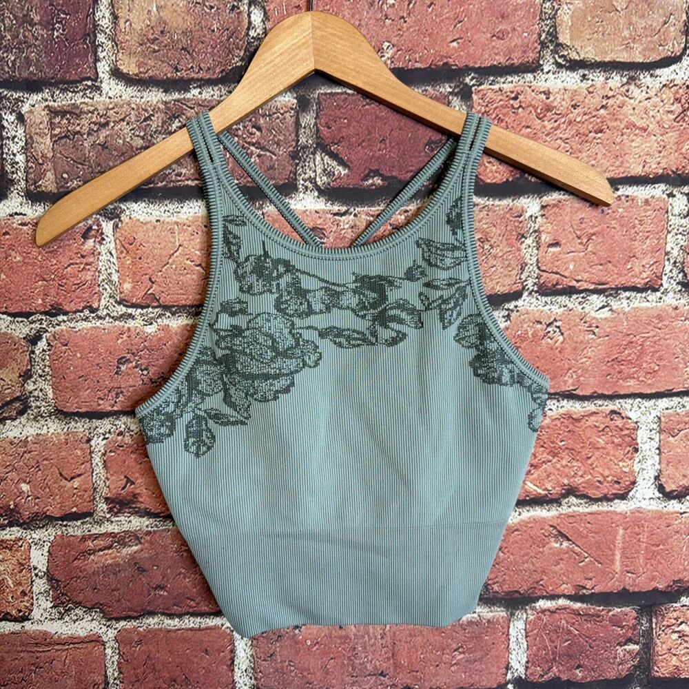 Athleta Aurora Seamless Crop Tank Green Ribbed V-Neck Yoga Top XS